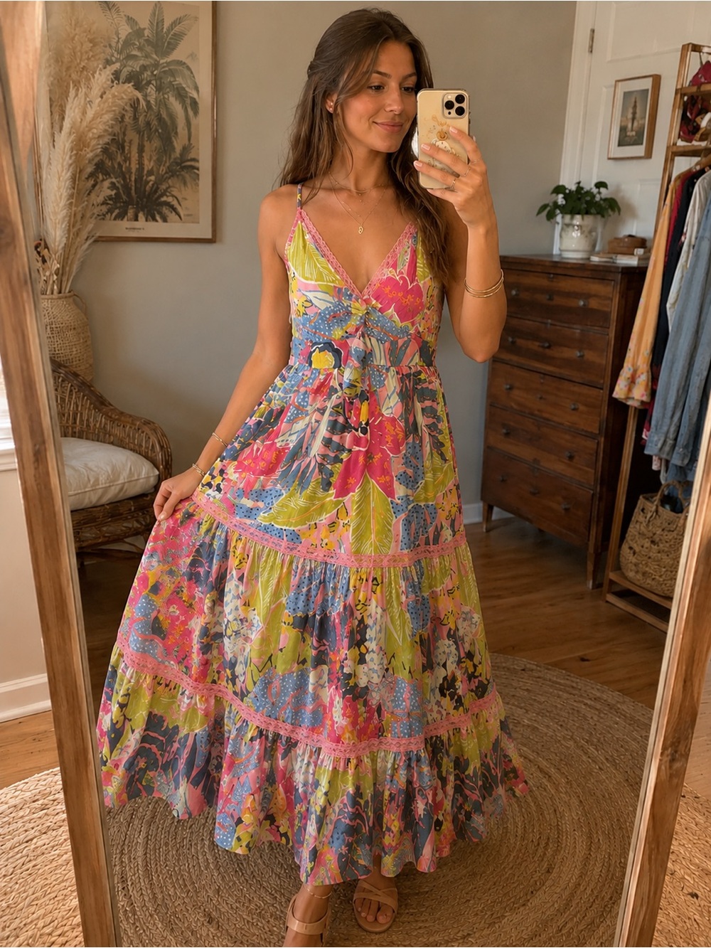 Angie Tropical Boho Maxi Dress Multicolor Festival Prairie Cottagecore M Smock